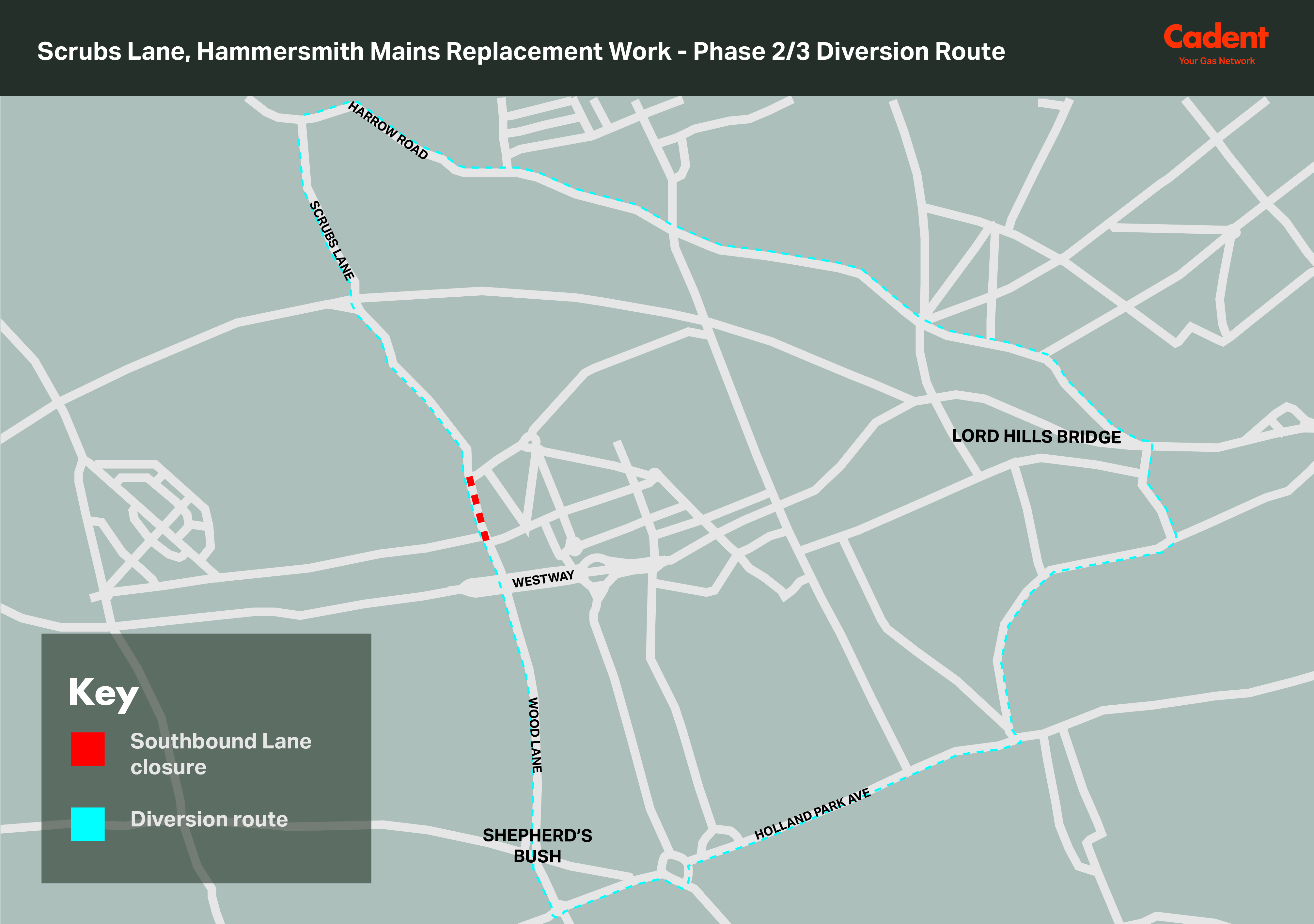 Diversion map for Scrubs Lane mains replacement works, Phase 2/3, showing closure and diversion route.
