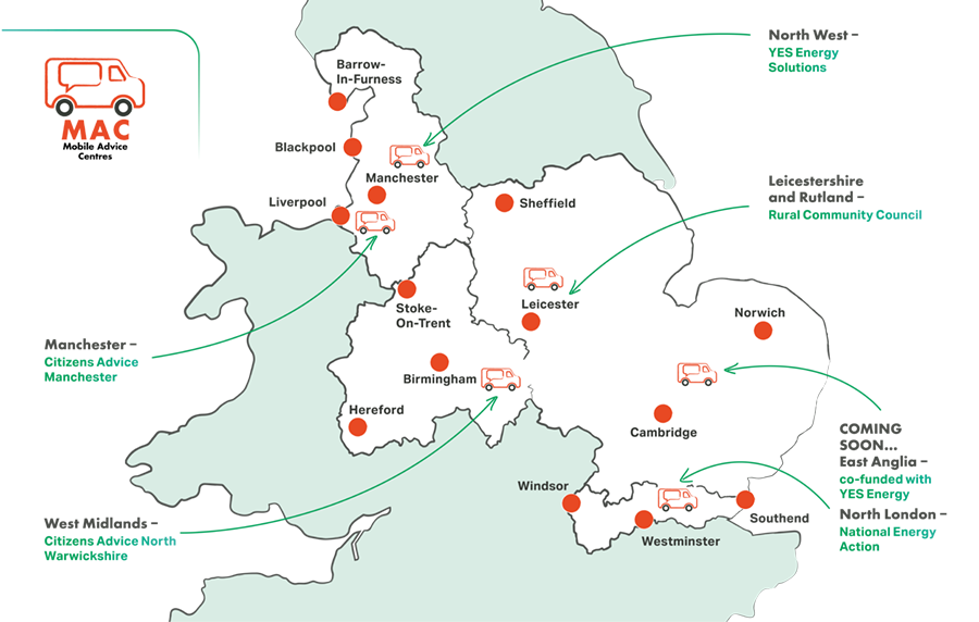 Cadent VCMA Report 2025 MAC Map 900x570 Map showing Cadent MAC partner locations across England.