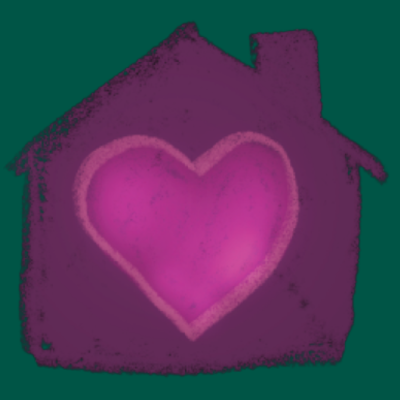 Illustration of a purple house silhouette on a black background, featuring a large pink heart at its center. The image conveys warmth and love.