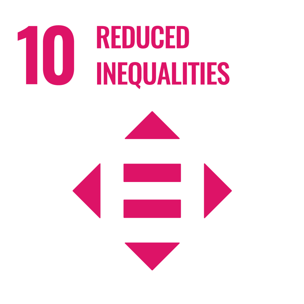 SDG 10 Reduced Inequalities icon showing equal horizontal bars with arrows pointing outward in four directions, representing social and economic equality.