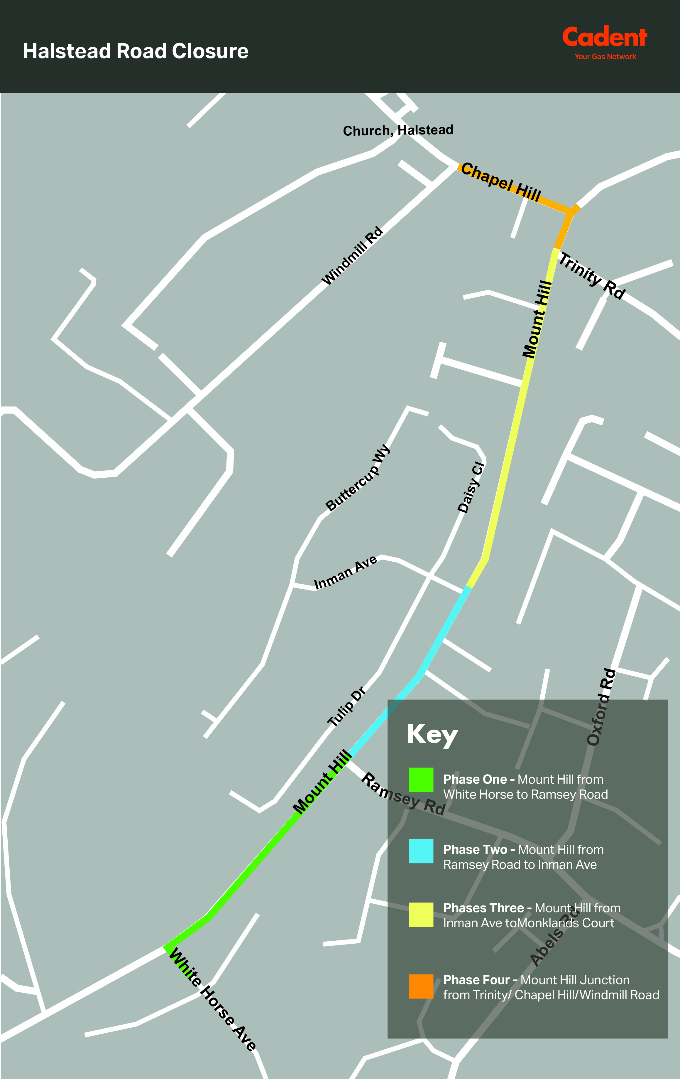 Halstead Gas Mains Replacement Map Map of a residential area showing planned roadworks, including highlighted routes, road closures, traffic controls, and work durations.