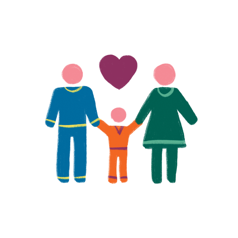 Illustration of a family with three figures-two adults, one in blue and one in green, and a child in orange-holding hands with a purple heart above them.