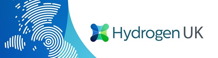 Stylized blue and green UK map with white fingerprint lines, next to "Hydrogen UK" text and abstract logo on a white background; modern and innovative tone.