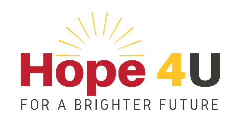 The image is a logo that reads 'Hope 4 U' in large text, with 'Hope' in red, '4' in yellow, and 'U' in dark gray. Above the word 'Hope,' there is a stylized yellow sunburst. Below the main text, the tagline 'FOR A BRIGHTER FUTURE' appears in gray capital letters. The overall design conveys positivity and optimism.