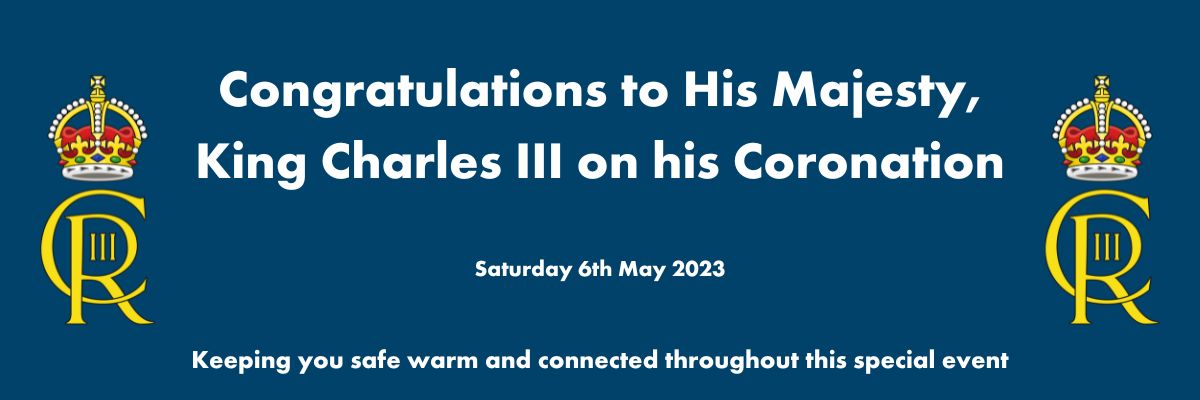 Congratulations message for King Charles III's coronation in white text on blue background, flanked by two crowns with "CR III" emblems, dated May 6, 2023.