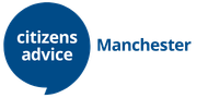 Citizens Advice Manchester logo in blue and white on a dark background.
