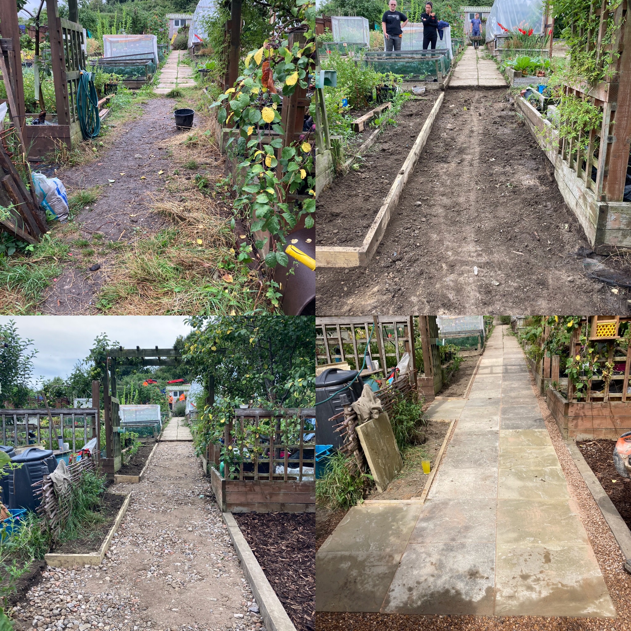 Four-panel image showing a garden path transformation. Top left: Overgrown grassy path. Top right: Cleared dirt path with people. Bottom left: Gravel path. Bottom right: Finished stone path, neat and tidy.