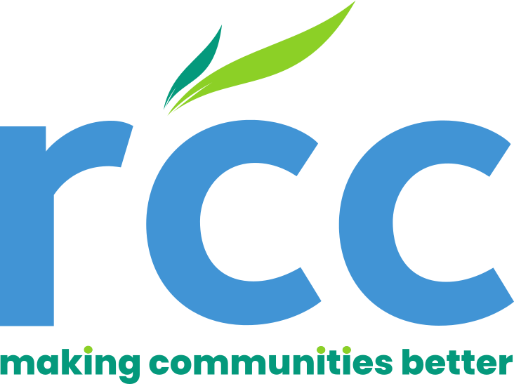 RCC logo with green leaf graphic and the tagline “making communities better” on a dark background.