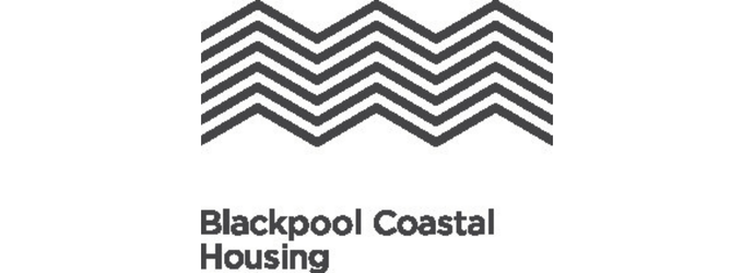 Blackpool Coastal Housing logo features bold black zigzag lines resembling waves above the name in black text. The design conveys a modern, coastal theme.