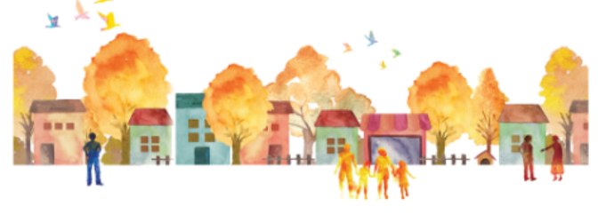 Stylized autumn neighborhood with colorful houses and orange trees. Birds fly overhead. People stand and walk—one on a phone, children grouped in the center, and others chatting—creating a warm, community-focused scene.