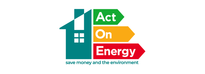 A house silhouette with "Act" in green, "On" in yellow, and "Energy" in red arrows. Text below reads "save money and the environment" on a black background.