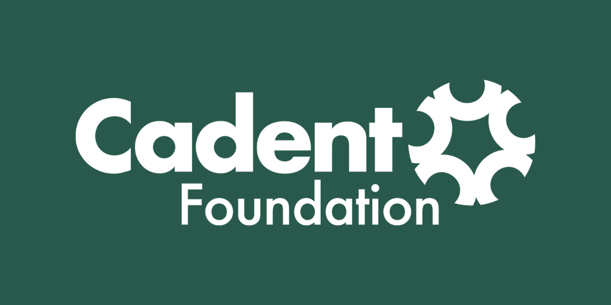 Cadent Foundation logo with white text and a circular abstract symbol on a dark green background.