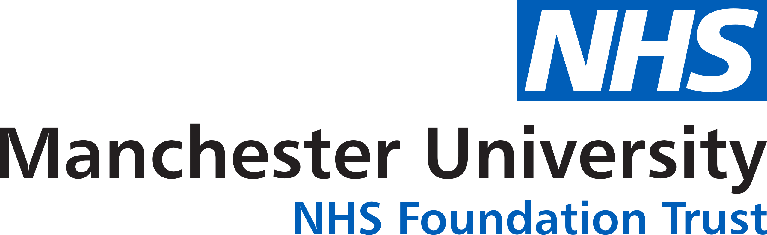 Black-and-blue Manchester University NHS Foundation Trust logo, featuring the NHS emblem above the organization’s name in bold lettering.