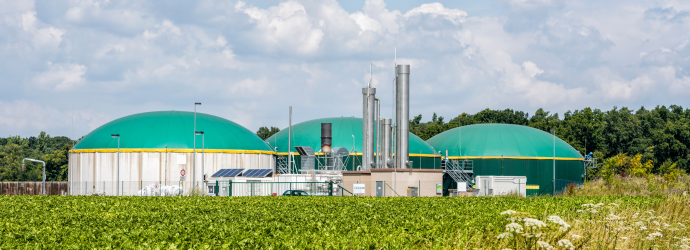 A rural biomethane plant with green-domed digesters and metal chimneys, surrounded by crop fields and trees, under a partly cloudy sky, showcasing sustainable energy production.