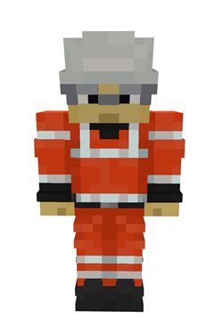 A pixelated video game character wears an orange and white jumpsuit with black boots, featuring a gray hat. The style is simplistic and blocky.
