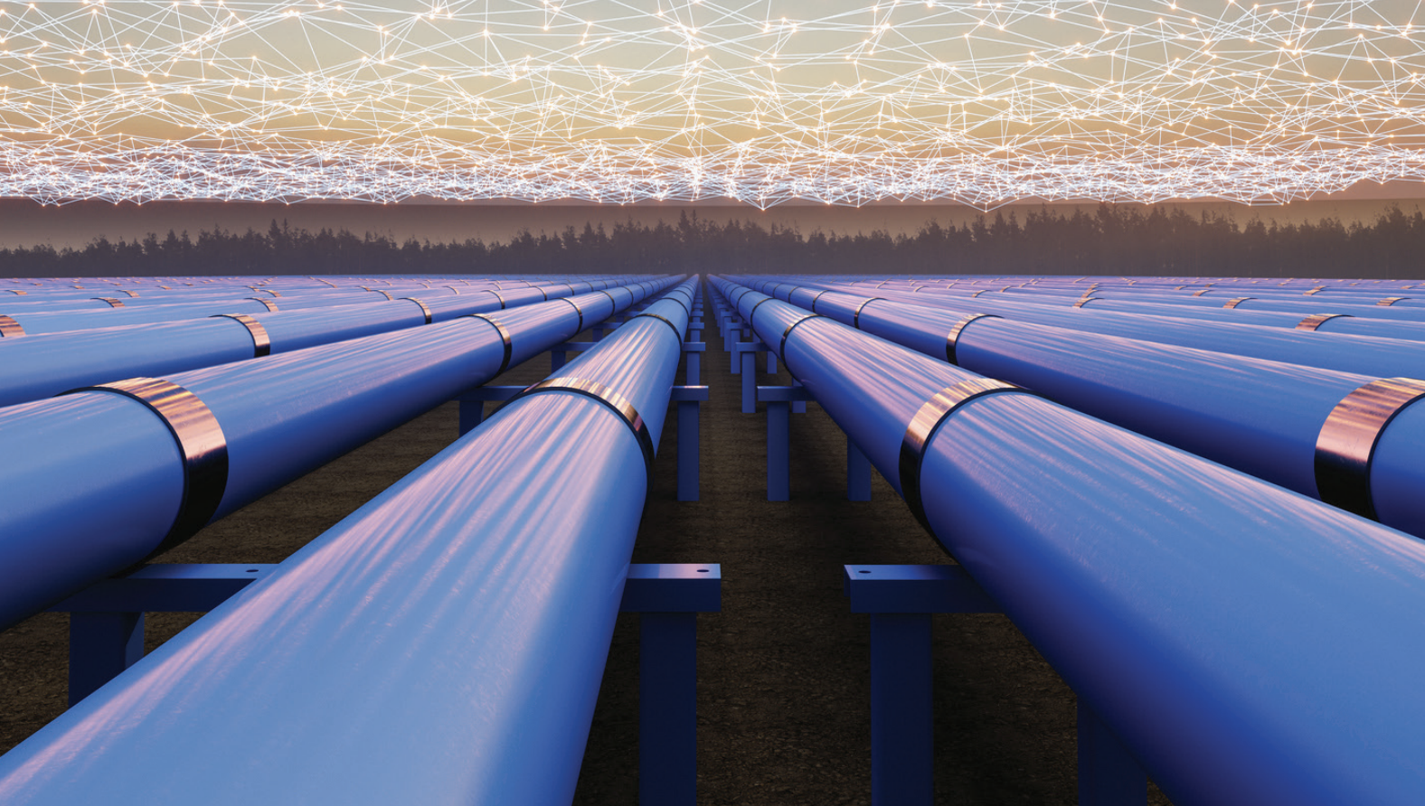 Blue industrial pipelines stretching into the distance beneath a digital network visualization, representing connected energy infrastructure and technology.