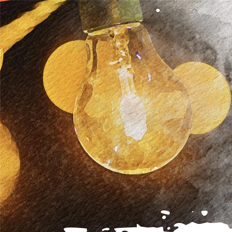 A watercolor-style image of a glowing lightbulb against a dark background, creating a warm and inviting atmosphere with soft yellow hues.