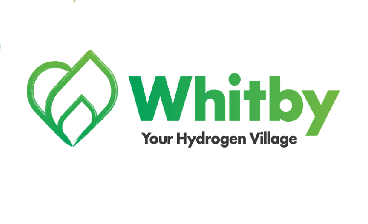 Logo featuring a green heart-shaped leaf design next to bold green text 'Whitby.' Below, smaller text reads 'Your Hydrogen Village,' against a white background.
