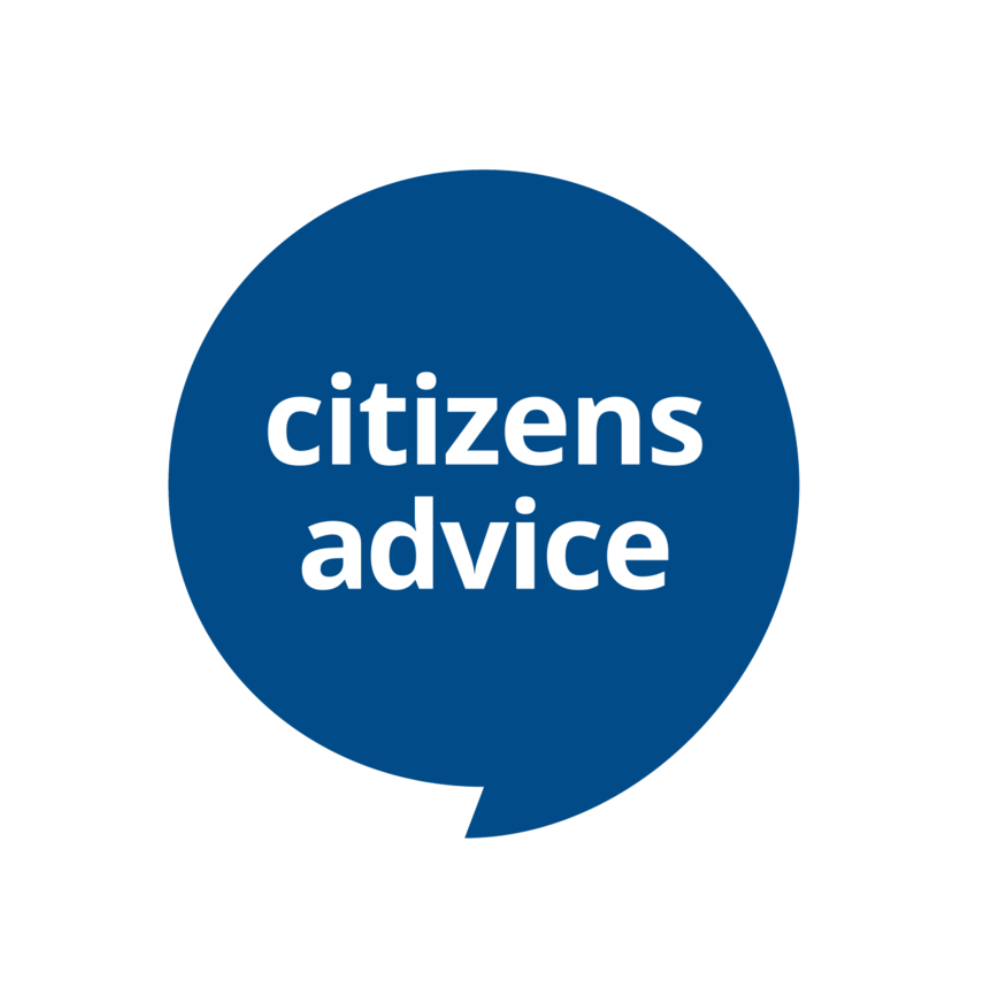 Blue speech bubble with the words 'citizens advice' in white lowercase letters centered inside. The tone is supportive and informative.