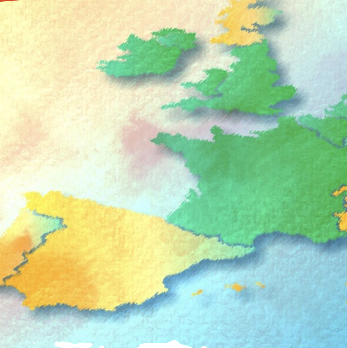 Watercolor-style map of Western Europe, highlighting green France, yellow Spain, and the UK. Soft pastel hues evoke a serene atmosphere.