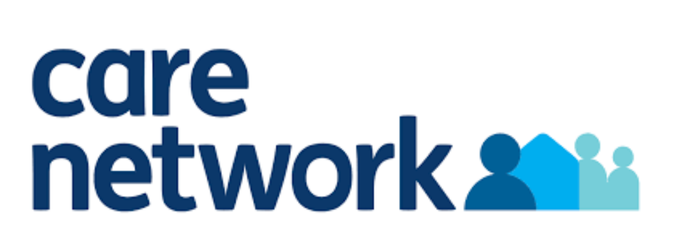 Blue text reading 'care network' alongside abstract blue icons of people and a house, conveying community support and connection.