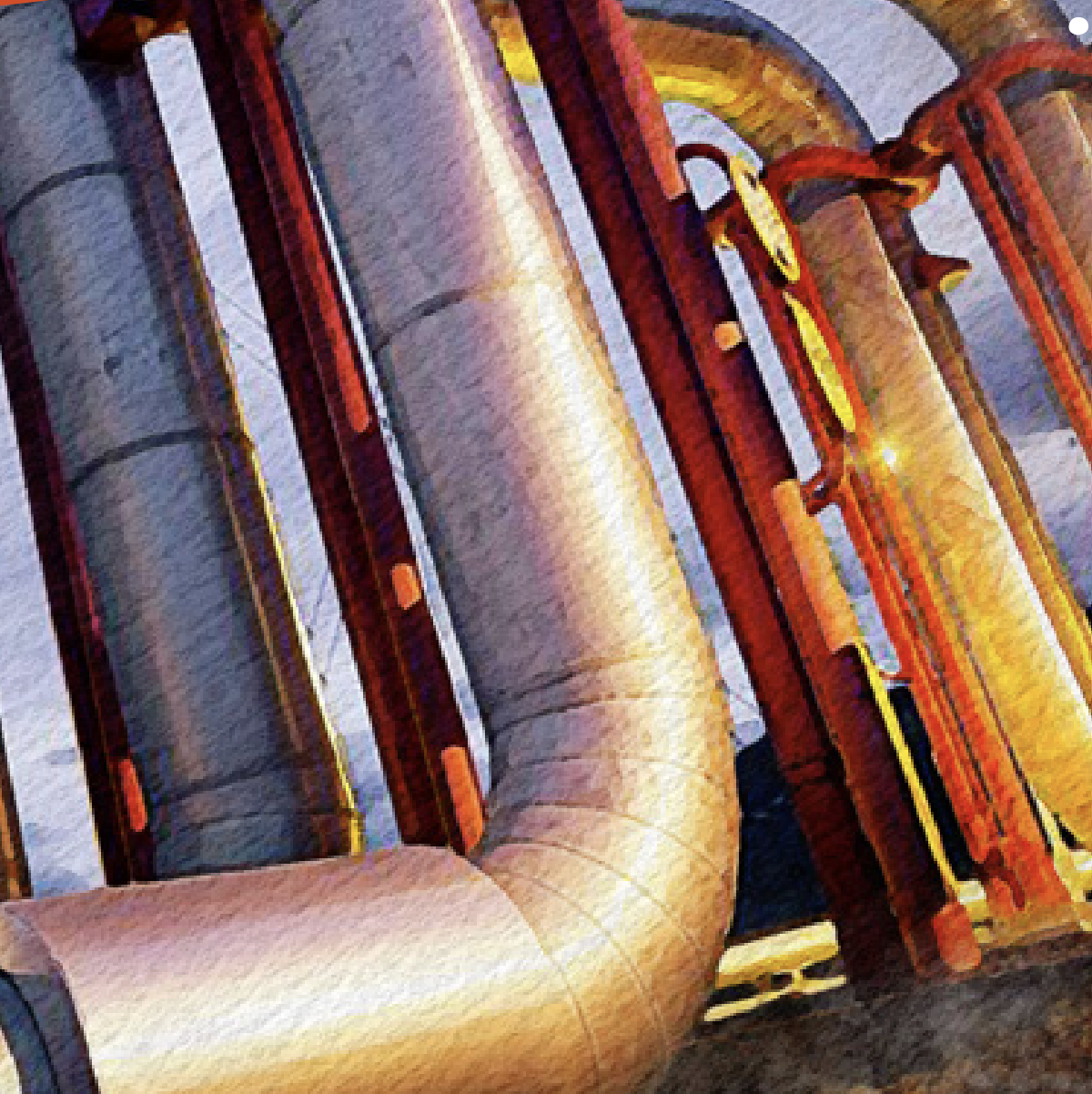 Close-up of industrial pipes with red and orange accents, showcasing an intricate network of curves. Bright light highlights a metallic texture.