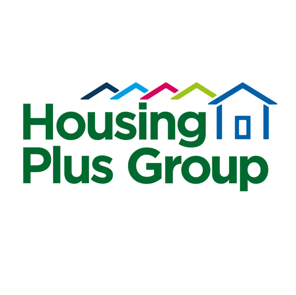 Logo for Housing Plus Group features green text with a roofline graphic above, using dark blue, light blue, pink, and lime colors against a black background.