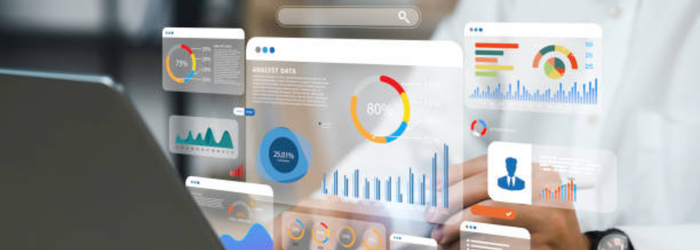 A person typing on a laptop with floating data visualizations, including pie charts and graphs. The scene conveys a tech-savvy, analytical atmosphere.