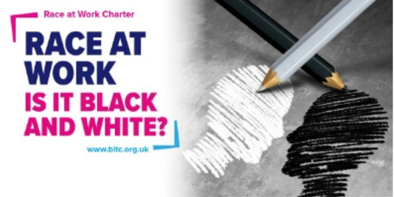 Race at Work Charter graphic with the text ‘Race at Work – Is it Black and White?’ beside an illustration of two pencils, one white and one black, drawing contrasting silhouette profiles.