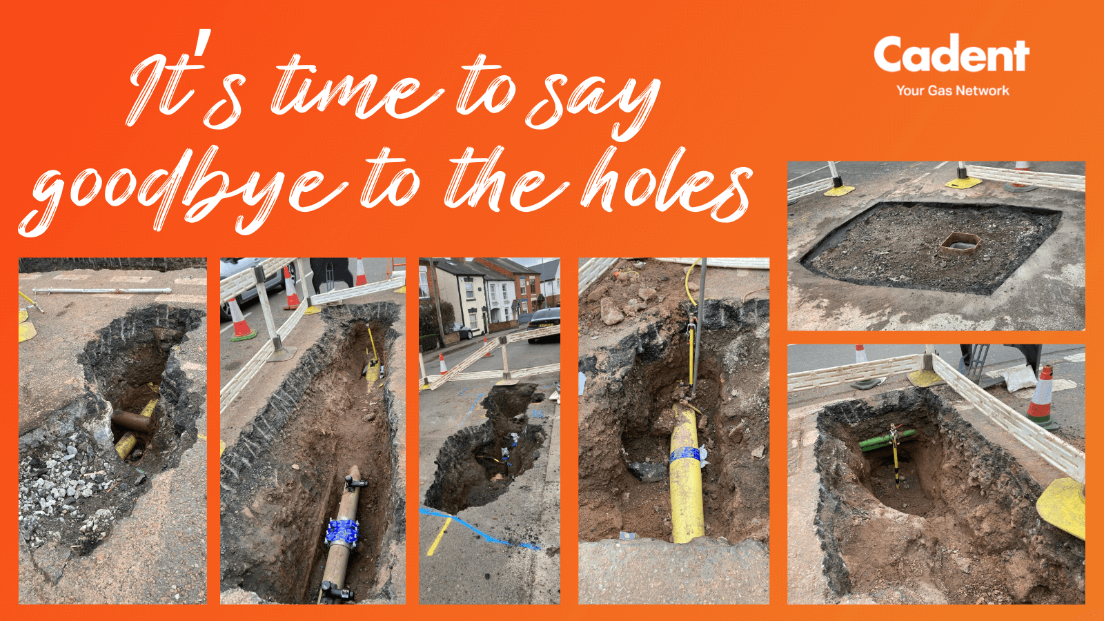 A collection of photos taken from an incident to show underground pipes and how we're working to fill the holes after digging in the road